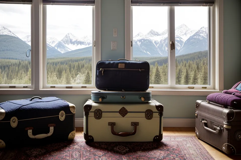 Geöffnete Kinderkoffer mit Wanderausrüstung für die Familienreise nach Kanada vor dem Prämienflug nach Vancouver
